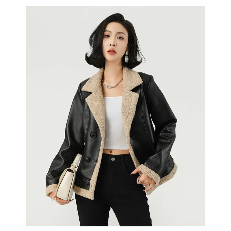 Casaco de couro grosso forrado de lã casaco feminino inverno senhora casaco de pele de couro feminino