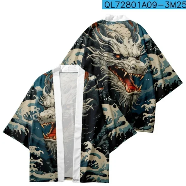 Japanese White Dragon Big Wave Ukiyo-e Print Haori Unisex Half Sleeve Kimono Open Front Street Coat Japan Style Casual Outwear