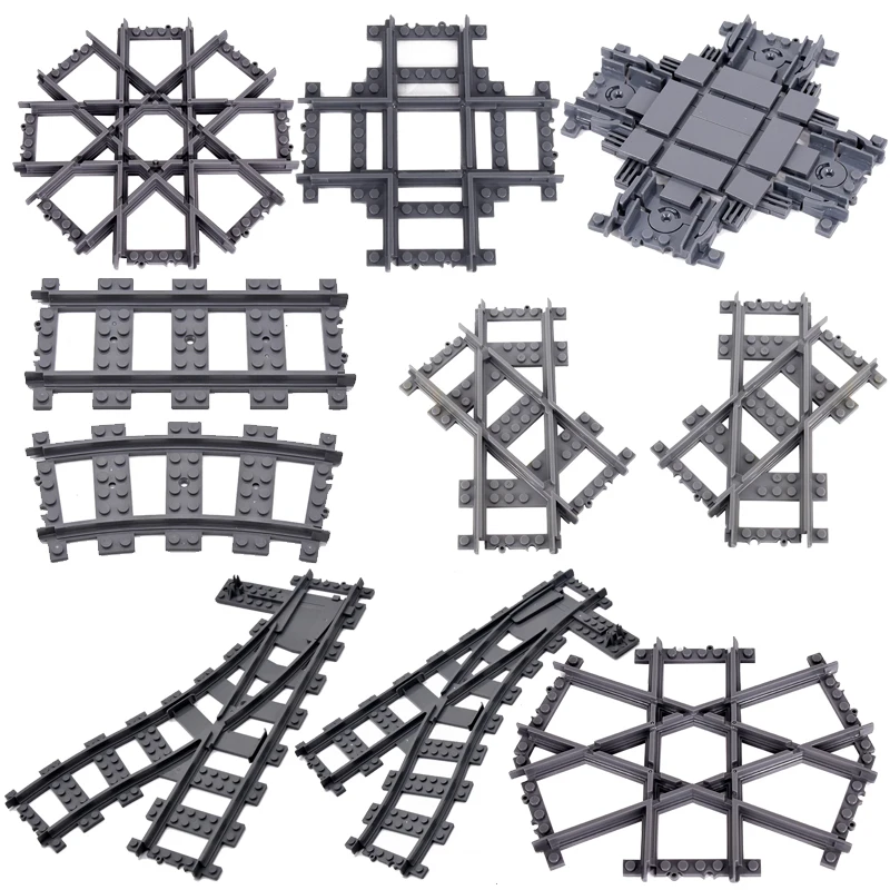 MOC City Train Rail Crossing elastyczne tori rozgałęzcione proste zakrzywione szyny przełącznik klocki budowlane kreatywne zabawki DIY