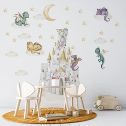 Watercolor Dragon Castle Cloud Star Wall Sticker Baby Nursery Cartoon Moon Anime Animal Wall Decal Playroom Bedroom Decor