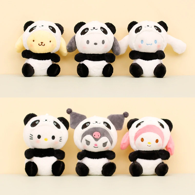 Anime Sanrio Cross-dressing Panda Key Chain Cute Cartoon My Melo Kuromi Pochacco Plush Keychain Kawaii Doll Key Holder