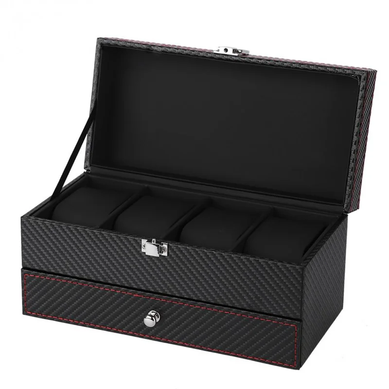 Fashion 4 Grids Double Layers Watch Box Case Carbon Fiber Watch Rings Earrings Display Storage Holder Organizer Jewelry Box Gift