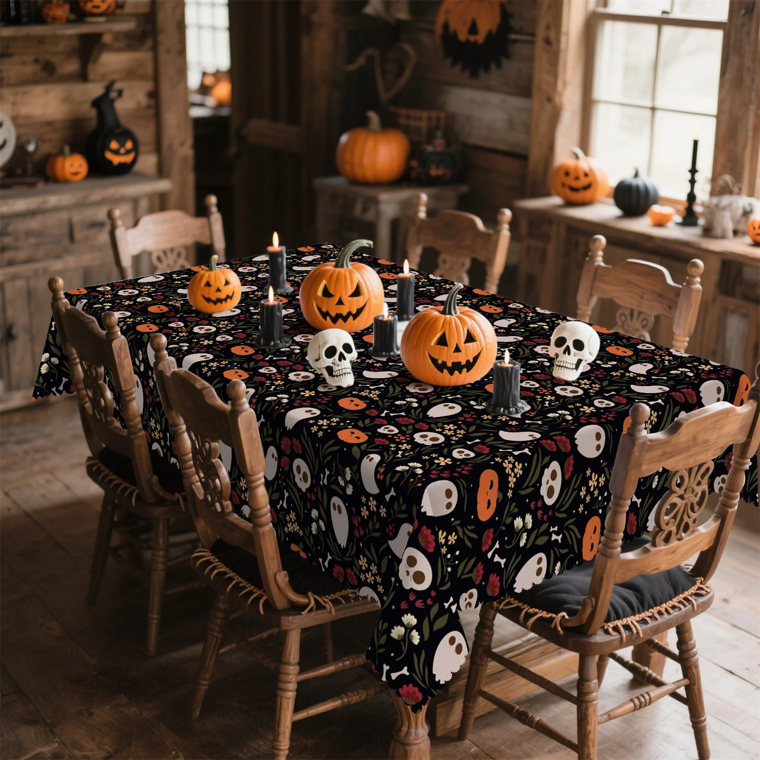 Pumpkin lantern, ghost skull, flower Halloween tablecloth, 1 pack, suitable forzyc