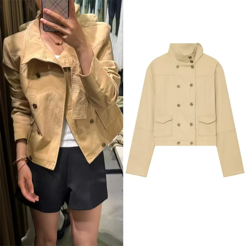Fanan Women's Jacket 2026 Fall New Arrival Khaki Long-Sleeve Stand Collar Pocket-Decorated Jacket Parka Casual Fashion