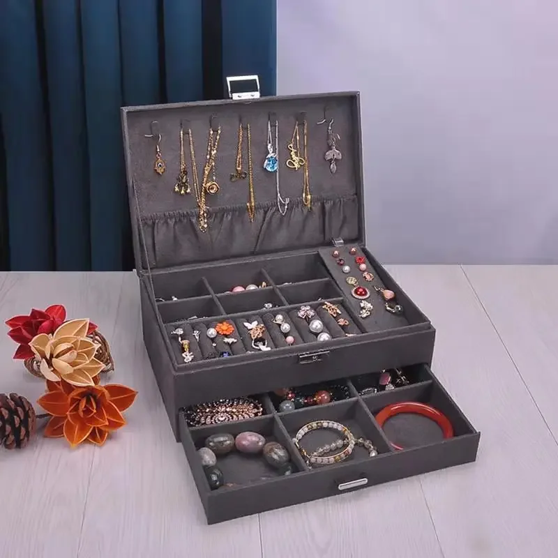 Lbarley 2025 New Velvet  Wooden Double Layer Jewelry Box With Lock 2 Layers Necklace Holder