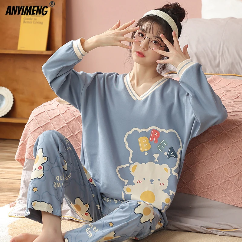 Pyjamas Women Cotton Sleepwear Pijamas 2023 Autumn Winter New Pullover Fashion Homewear Asian Size 100% Coton Women's Two Pieces