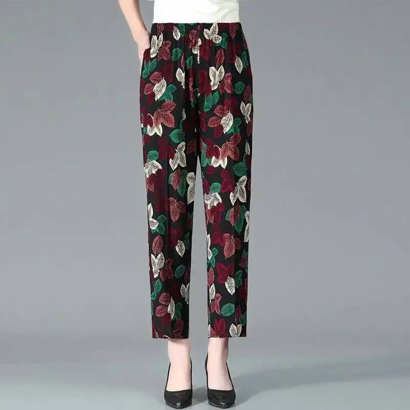 

Middle Aged And Elderly Women's Summer Casual Straight Pants Mom's High Waist Loose Floral Printed Pants Grandma's Thin Trousers