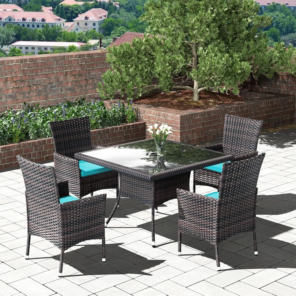 

5 Pieces Patio Dining Set Outdoor Rattan Furniture Dinning Set with Square Glass Tabletop 4 Chairs with Blue Cushions for Patio,