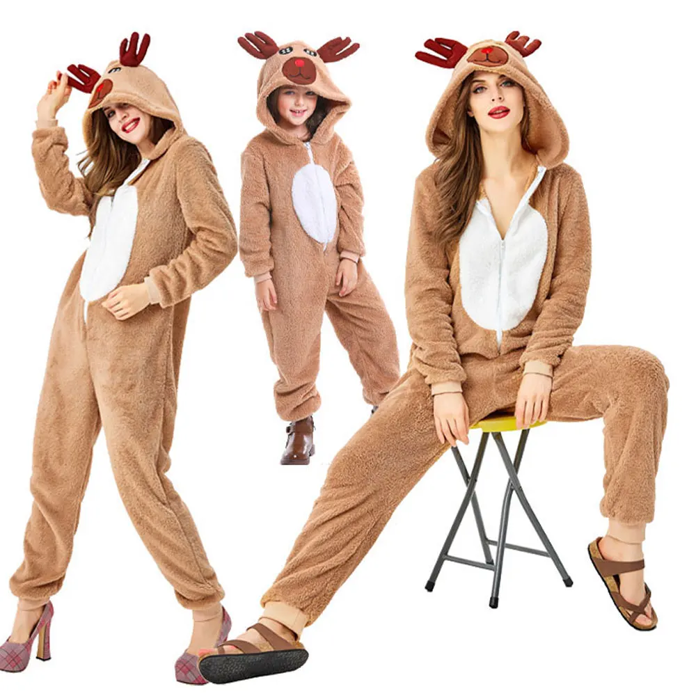 

Christmas Reindeer Costume Xmas Party Animal Cosplay Elk Hooded Jumpsuit Winter Warm Family Parent-Child Coral Fleece Pajamas