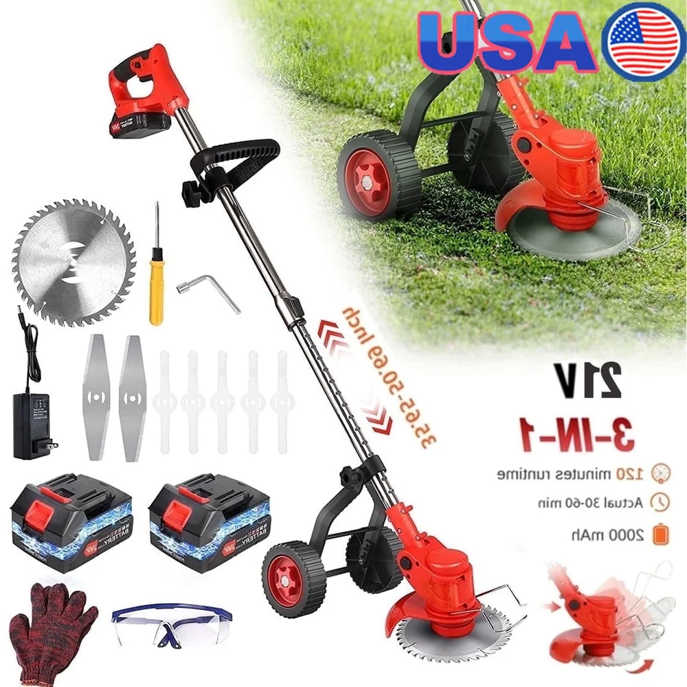 

Cordless Weed Wacker 3-in-1 Electric Brush Cutter Grass Trimmer with Upgraded Wheels 21V 2000mAh Battery Powered Lawn Tool
