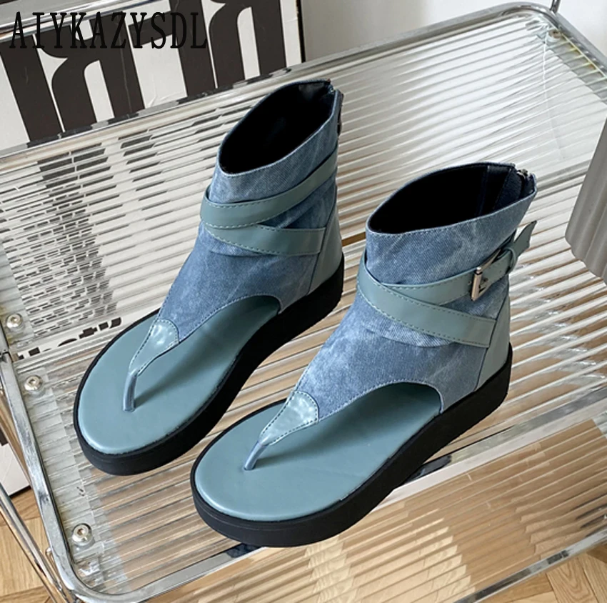 Denim Ankle Boots Summer Bootie Women Clip Toe Thong Sandals Wedge Flat Heel Platform Shoes Cross Strap Back Zip Casual Shoes