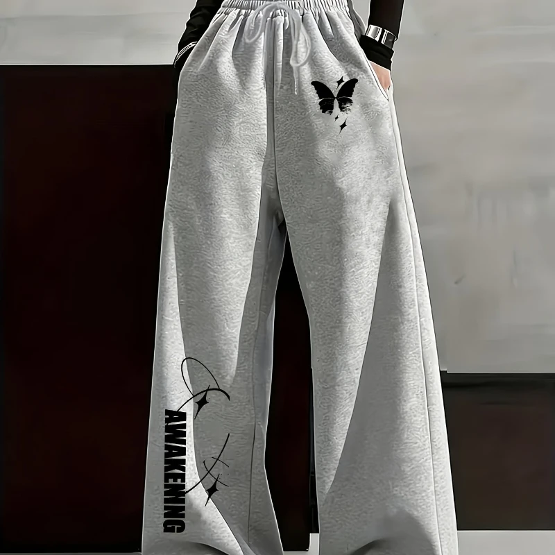 Women's Y2K Punk Butterfly Letter Print Straight-Leg Pants - Loose-Fit Black Trousers with Front Pocket, Machine Washable