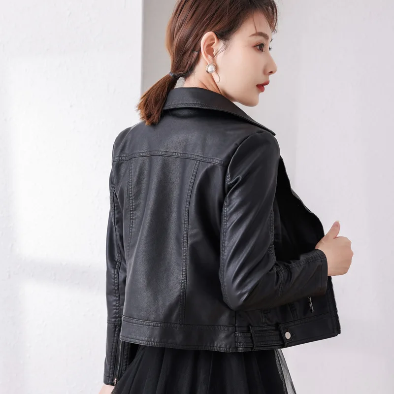 PU Slim Fashion Zipper Leather Coat Women's Black Button Leather Coat 2023 Autumn Winter Turn-down Collar Warm Leather Jacket