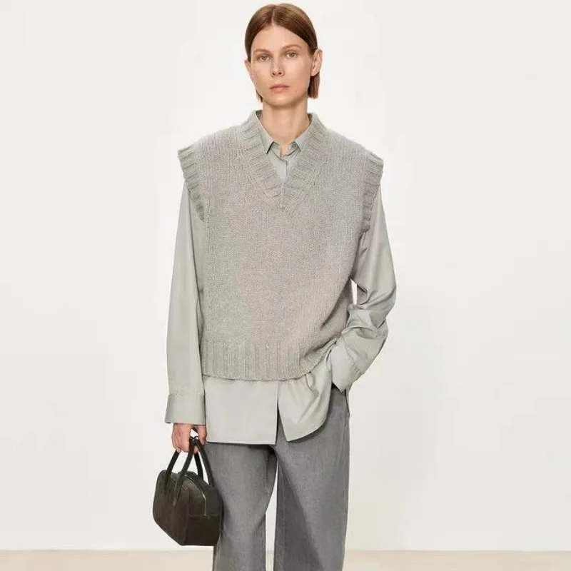 

На осень-зиму жилеты без рукавов стильные и свободные с V-образным вырезом шерстяные жилеты для слоя Женские вязаные свитера и жилеты