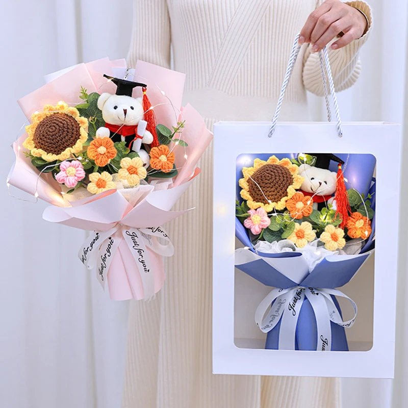 Valentine's Day Gift Crochet Flower Bouquet with Light String Graduation Flower Bouquet Artificial Flower Wedding Guest Gift 꽃다발