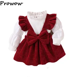 Prowow Infants Baby Girl Christmas Outfits Lantern Sleeve Top Big Bow Red Corduroy Skirts Birthday Party New Year Costume Babies