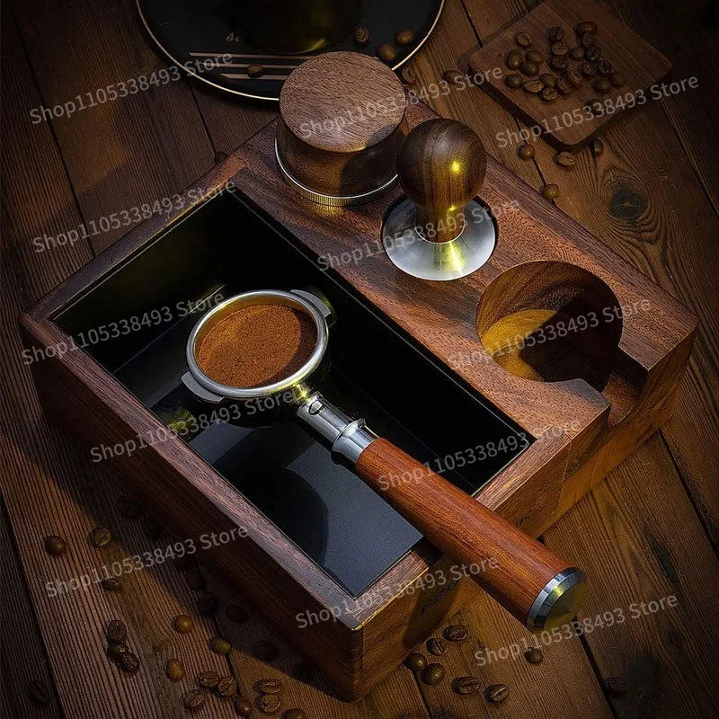 For One-piece Coffee Residue Box, Wooden Coffee Powder Pressing Base, Handle Bracket Walnut, Coffee Cloth Powder Dispenser