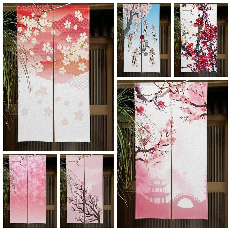 VIKAMA Gradient Pink Cherry Blossom Curtain, Plum Pavilion Bridge Pattern Warm Curtain, Entrance And Kitchen Decorations