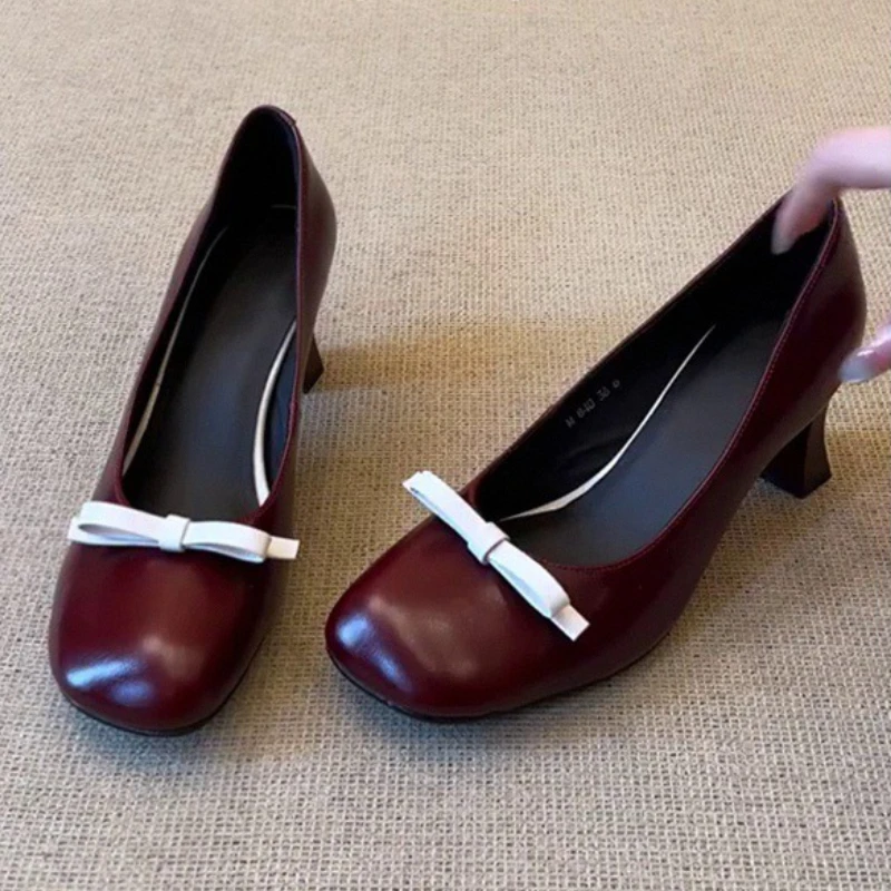 

Туфли Мэри Джейн на высоком каблуке с бантом в стиле ретро, женские дизайнерские туфли-лодочки, удобные туфли с круглым носком, элегантные офисные женские туфли Talons Femme