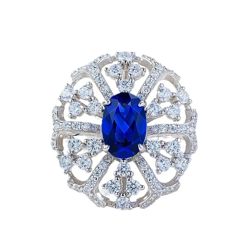 2024 New Full Body 925 Set 6 * 9 Royal Blue Bar European and American Light Luxury Women's Ring