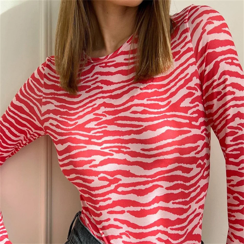 Zebra-Stripe Print Pink Slim Top for Women Fashion O-Neck Long Sleeve T Shirts Female Spring Summer Bodycon Streetwear