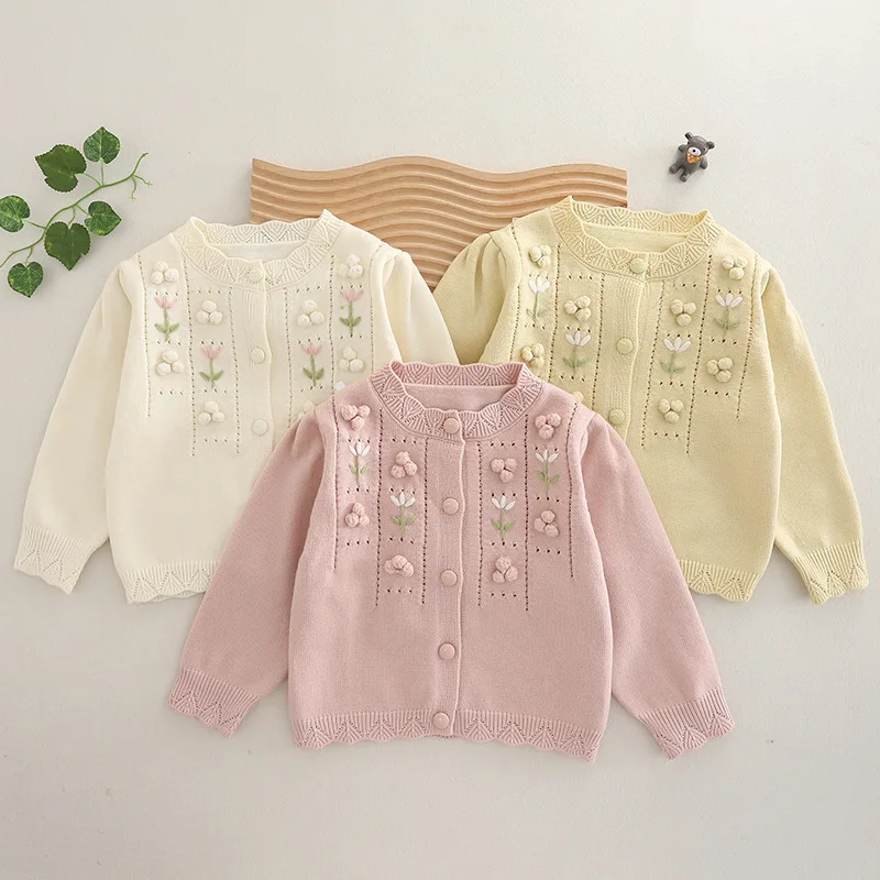 

Детское пальто в корейском стиле, вязаный кардиган ручной работы с объемным цветком, детский свитер для девочек, топ принцессы