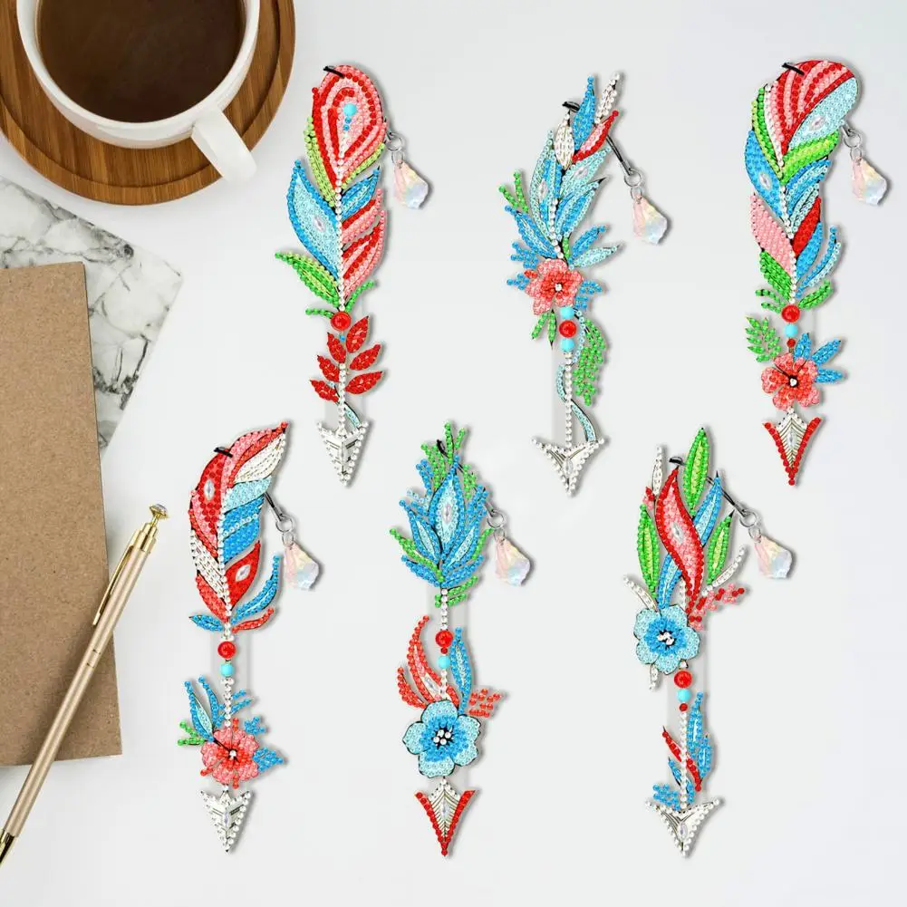 Flower Pattern Bookmark com penas e diamante pintura, Bookmark