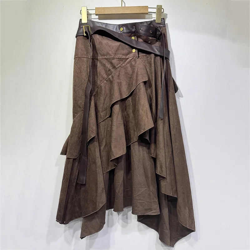 تنورة ميدي غير متناظرة من جلد الغزال على طراز شارع العليا تنورة عالية الخصر بحاشية منتفخة على شكل حرف a تنورة نسائية عصرية متعددة الاستخدامات للتخسيس