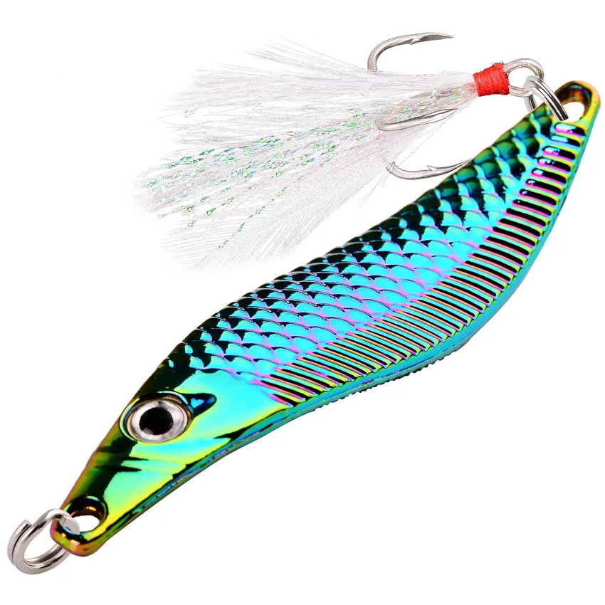 Metal VIB Leech Spinners Spoon Lures20g 15g 10g 7g  Artificial Bait With Feather Hook Night Fishing Tackle for Bass Pike Perch