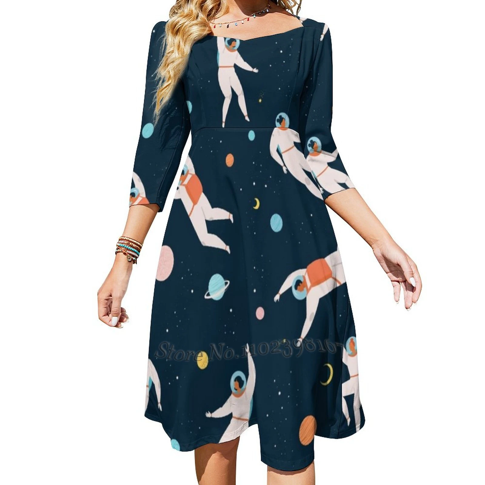 Space Adventure Pattern With Woman And Man And Astronaut Explore Square Neck Dress Cute Loose Print Dresses Beach Party