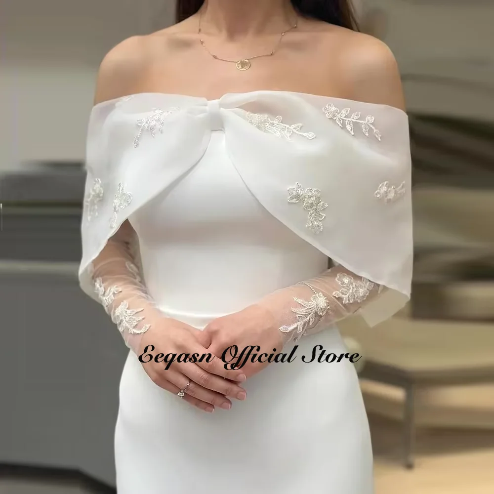 White Evening Gowns Sexy Off Shoulder Midi Prom Dress Elegant Long Sleeve Arabic Sheath Women Formal Occasion Wedding Customized