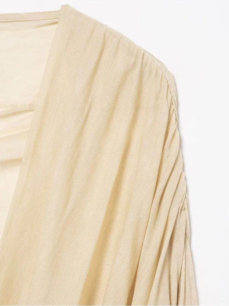 HH 夏 女性 エレガント スイングカラー 無地 シック カジュアル スリム ブラウス トップス レディース ファッション プリーツ装飾 長袖 ショート丈トップス