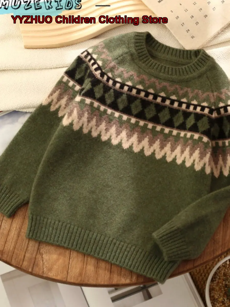 Men Autumn Winter Green Diamond Cashmere Sweater Warm Base Layer Top Toddler Older Kids