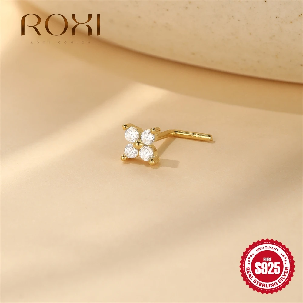 ROXI 1PC 925 Sterling Silver Shiny Zircon Nose Studs Flower Octagram Piercing Jewelry Womens Accessory Daily Banquet Dating Wear