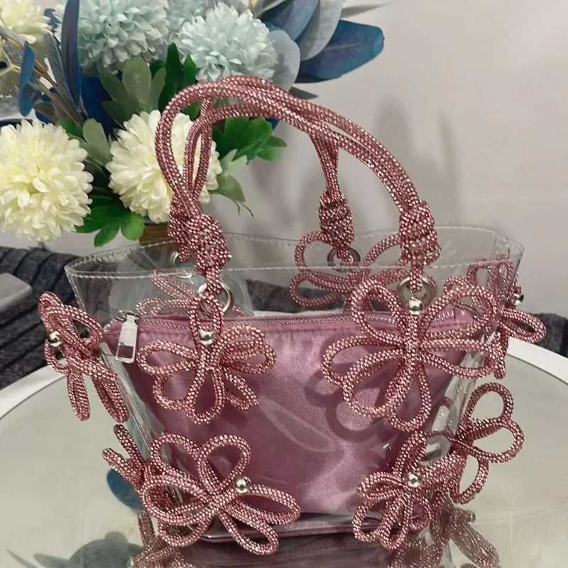 

New Luxury Girl Super Flash Rhinestone Flower Bucket Bag Women's Bag Studded French Fairy Bags Shopping Basket Handbag