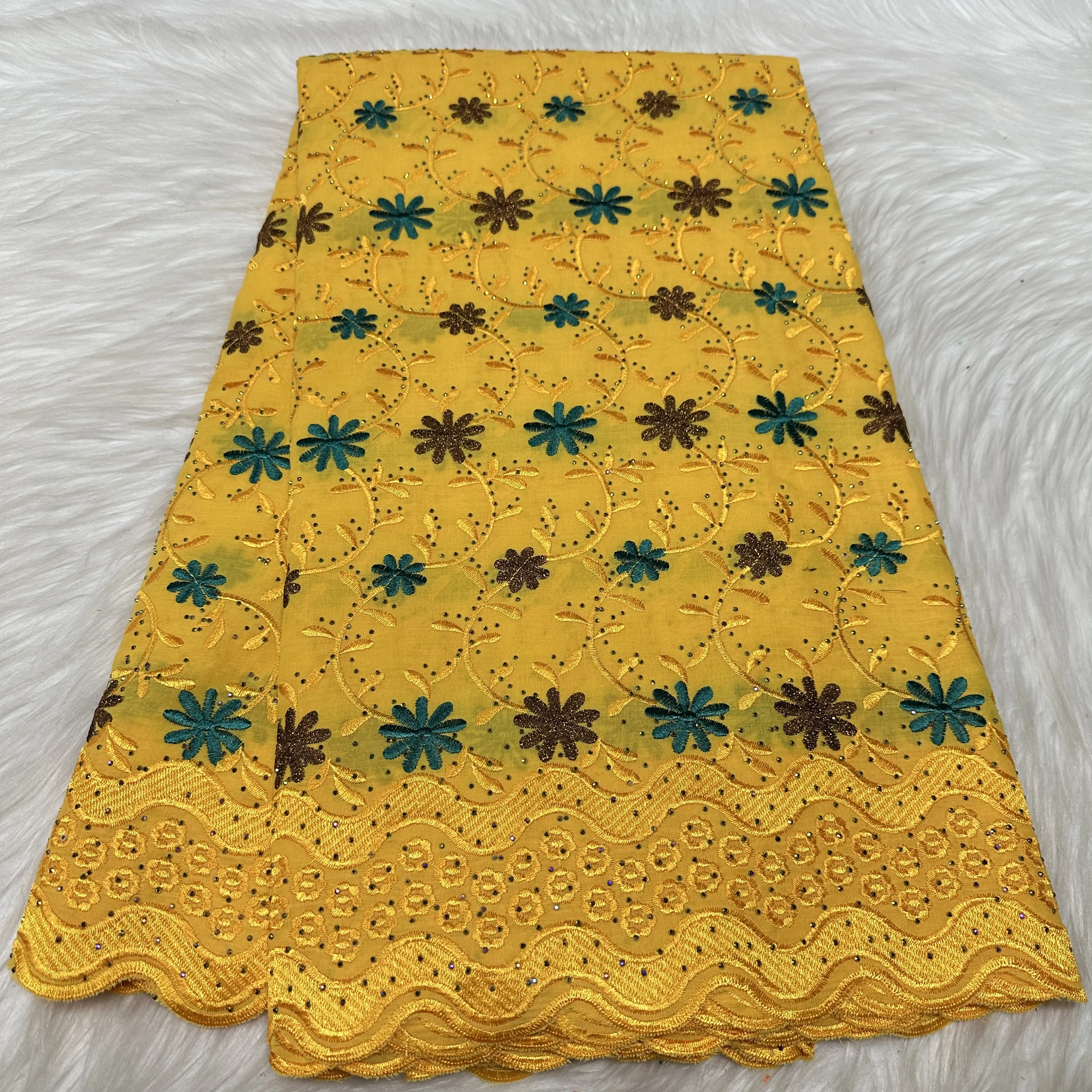 

2025 African 100% Cotton Lace Fabric with Stone High Quality Embroidery Lace Swiss Voile Lace Fabric for Party Sewing Dresses