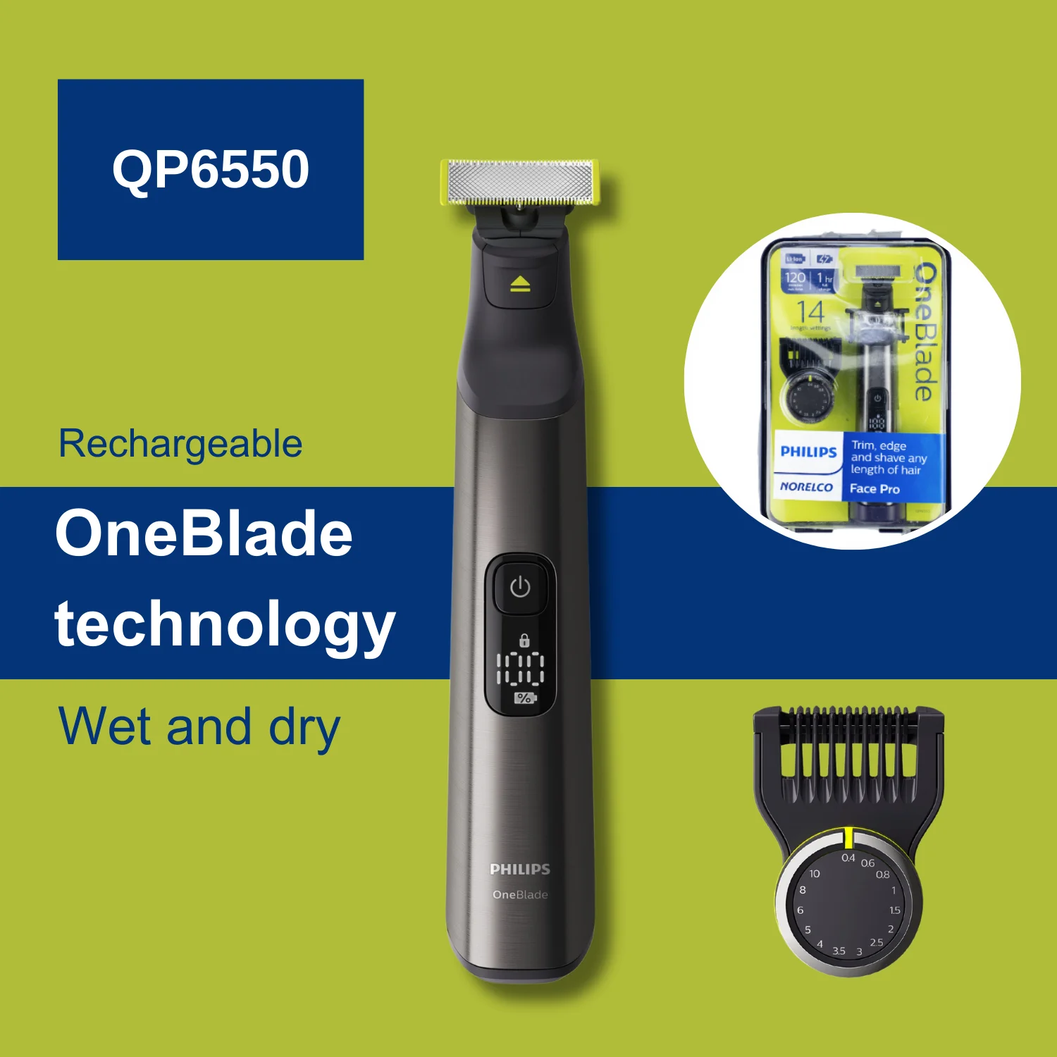 Philips Norelco OneBlade QP6550/70, Wet and Dry, Contouring Techniques, Double-sided Blades