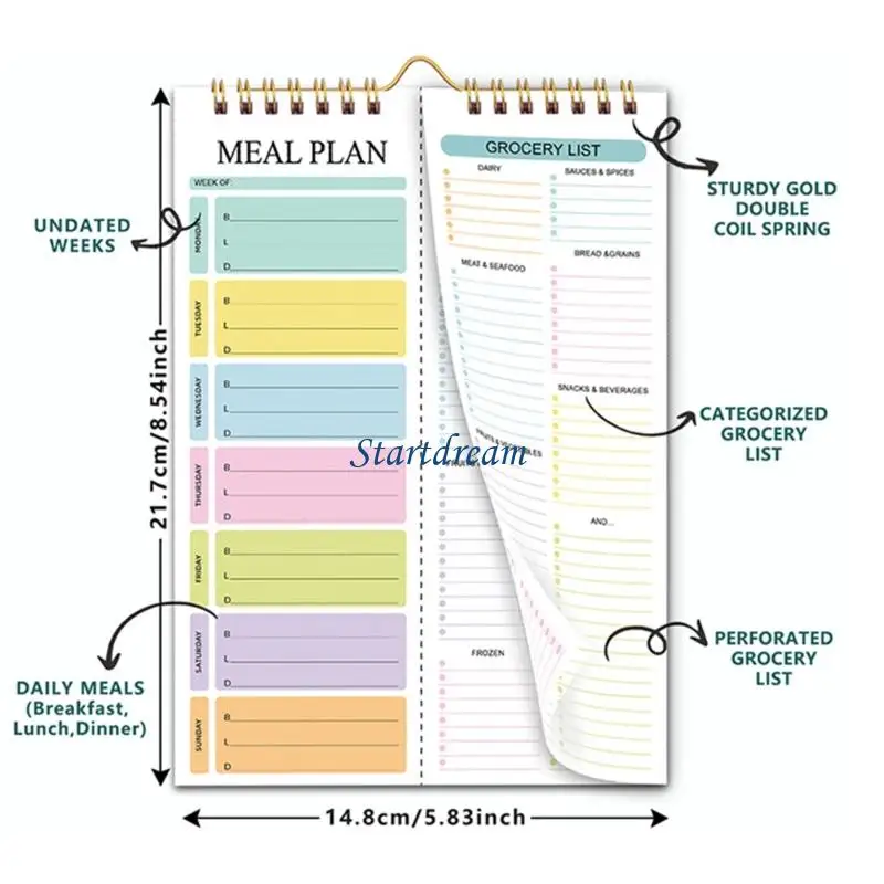 Carnet planification repas hebdomadaire K92C, avec listes d'épicerie déchirables reliure à spirales solides, pour