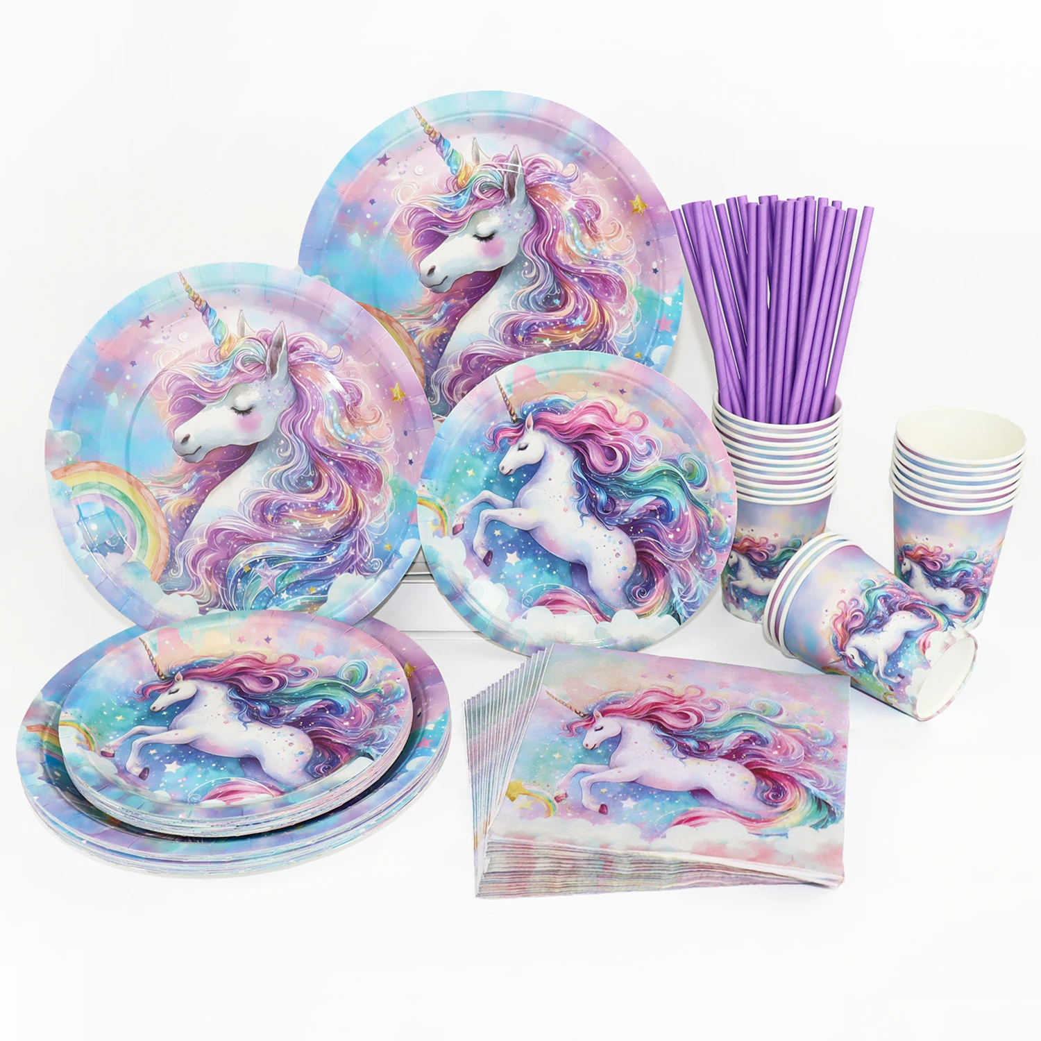 Décorations d'anniversaire licorne arc-en-ciel, ensemble de vaisselle jetable, décor de fête de 1er anniversaire, fournitures de fête à thème licorne pour réception-cadeau pour bébé