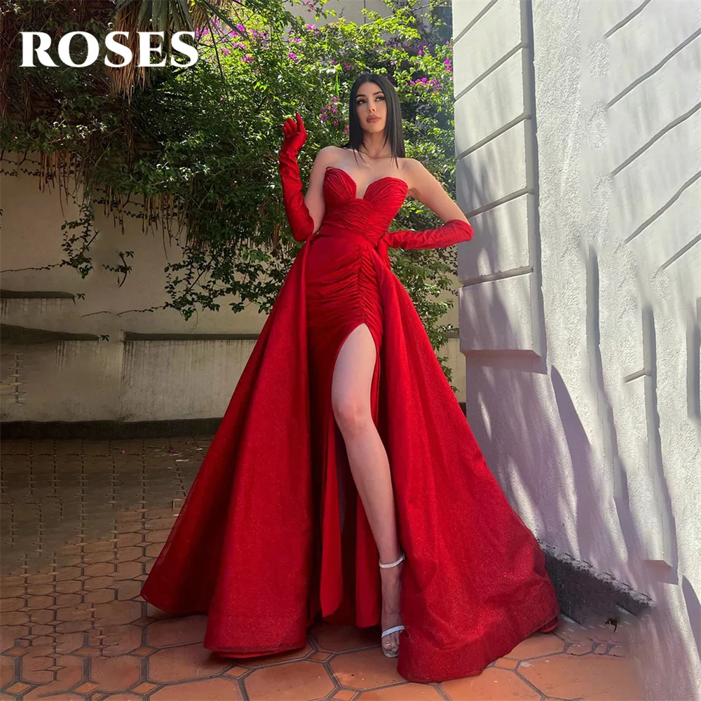 Vestidos de Fiesta de sirena plisados rojos, vestido de noche de tul con abertura lateral de rosas, vestido de fiesta sin mangas con escote corazón