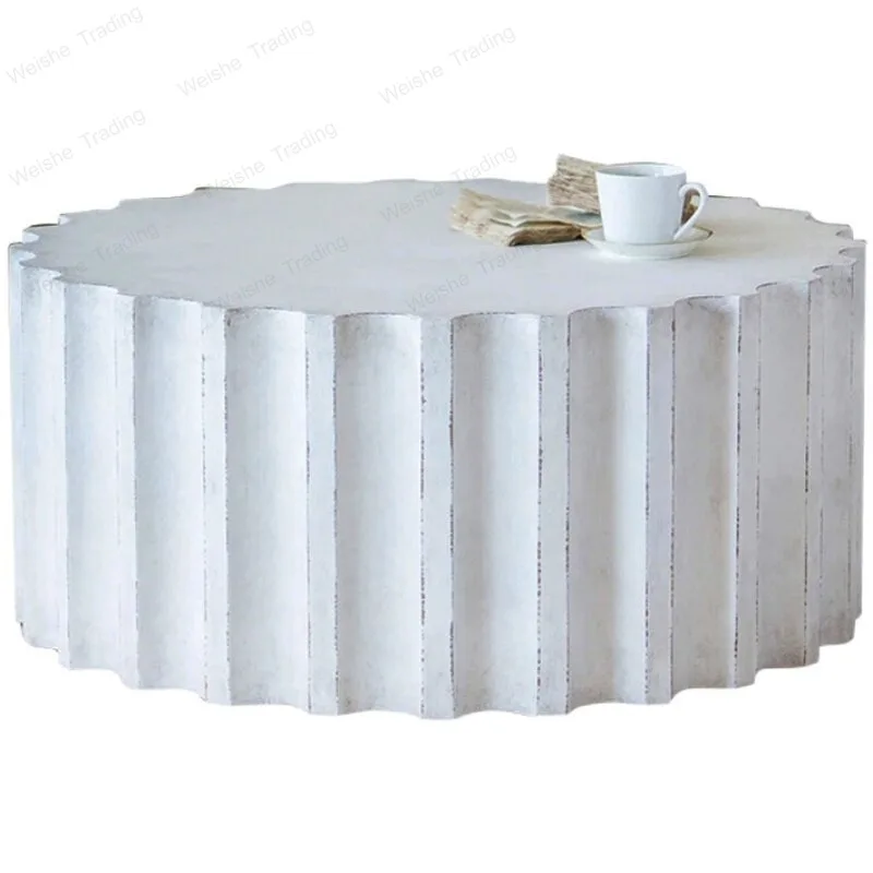 

High-end French coffee table all solid wood simple wood white old retro round table art coffee table antique