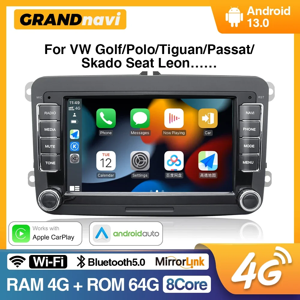 

Автомагнитола GRANDnavi Android 10 для VW Volkswagen Golf Passat Skoda Octavia сиденье для Polo 2Din Carplay головное устройство мультимедийный плеер