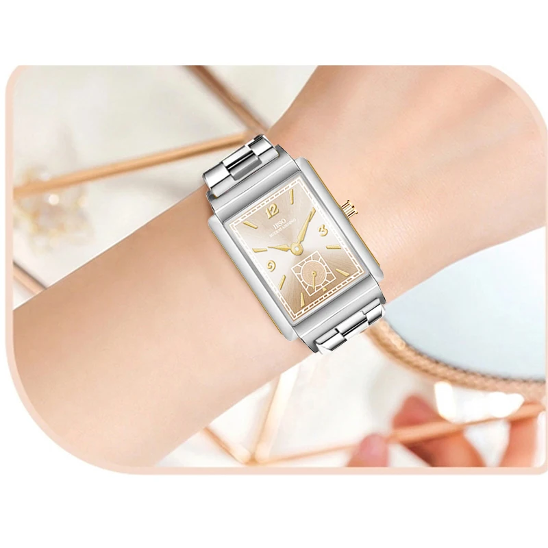 แฟชั่นผู้หญิงนาฬิการูปสี่เหลี่ยมผืนผ้า Golden Steel นาฬิกากันน้ําหญิงของขวัญแบรนด์หรูสุภาพสตรีนาฬิกาข้อมือ Silver