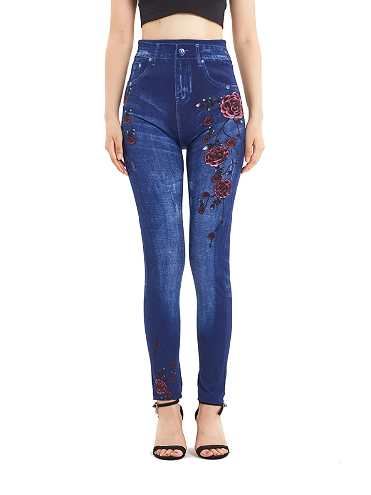 CUHAKCI Celana Jeans Wanita Gambar Cetak Floral Push Up Mulus Pinggang Tinggi Hangat Musim Semi Elastis Celana Denim Palsu Legging Mujer Dropshipping