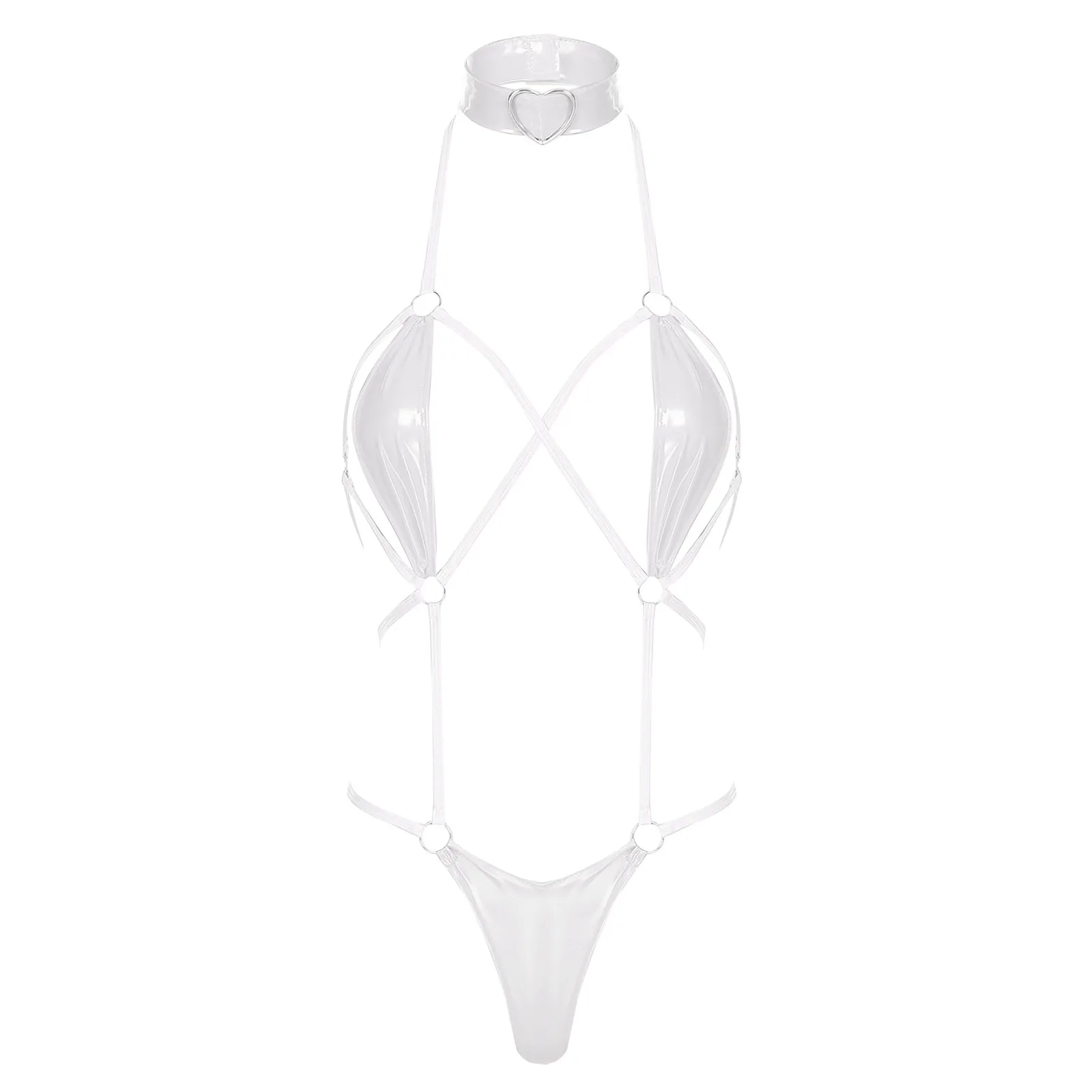 

Сексуальный женский цельный трехточечный костюм бикини, блестящая лакированная кожа, купальник с лямкой на шее и колье, забавное нижнее белье, купальник