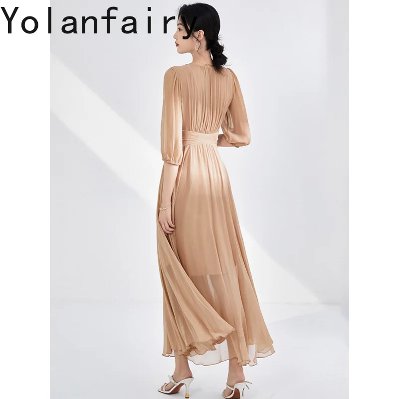 YOLANFAIRY élégant 100% véritable robe en soie de mûrier femme Style français 2025 robes d'été femmes mode plis robe de vacances kez1]
