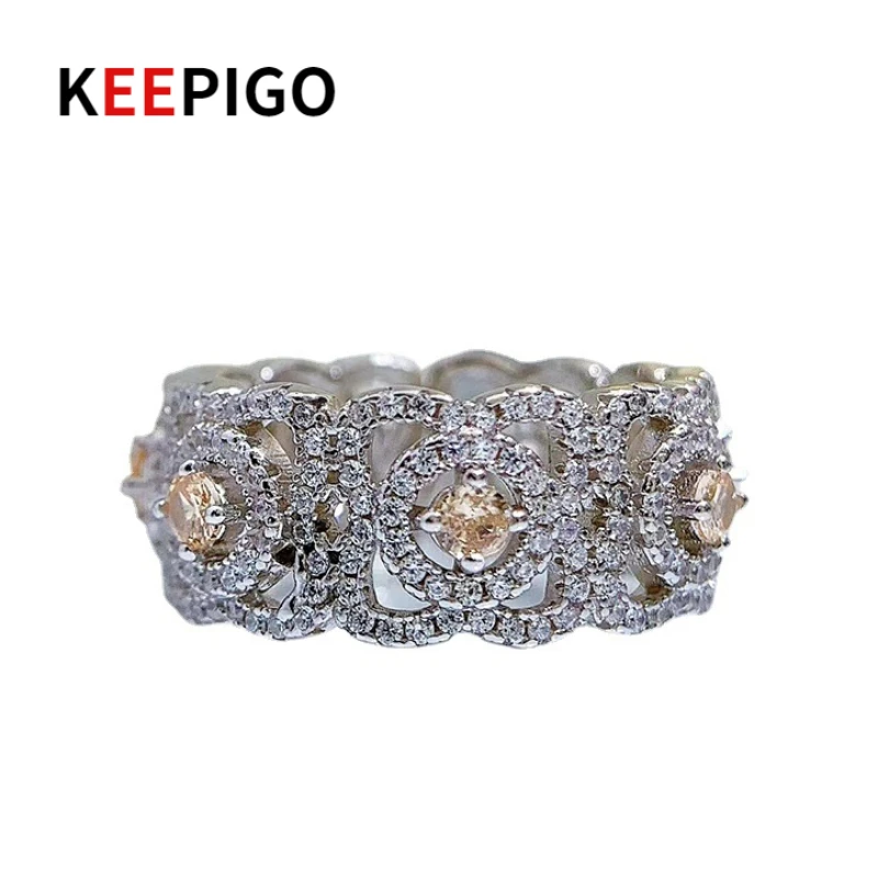 

KEEPIGO S925 Sterling Silver Cool Trend Fashion Champagne White High Carbon Diamond Luxury Ring Fine Jewelry RA163