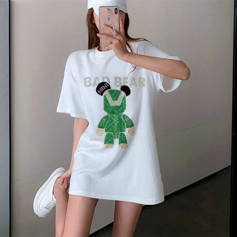 100%Cotton Hip Hop Luxury Green Bear Diamonds Embroidery T Shirts Women Girls Summer Loose 3XL Ladies Tops Japan Kawaii Harajuku