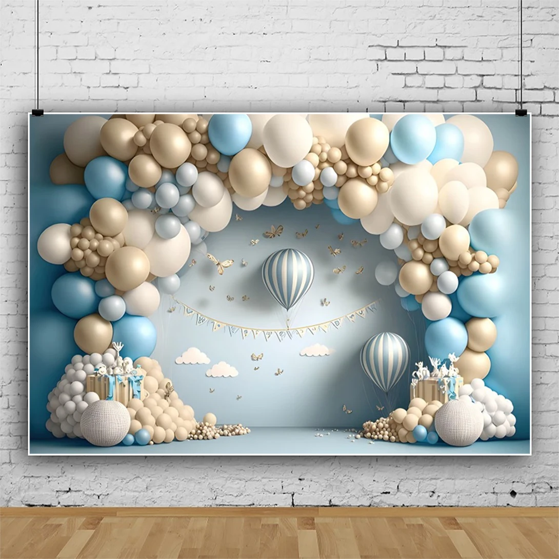 خلفية عيد ميلاد الطفل الأول للتصوير الفوتوغرافي ، البالون الملون ، الباب المقوس ، الفراشة ، قلعة الحلوى ، لافتة تزيين الحفلات المخصصة