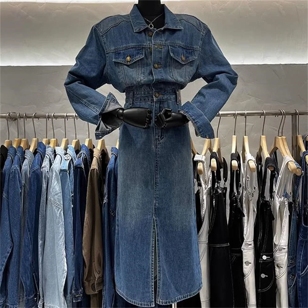 

Denim dress for women spring 2024 new retro A-line Long sleeved fashion denim long dress